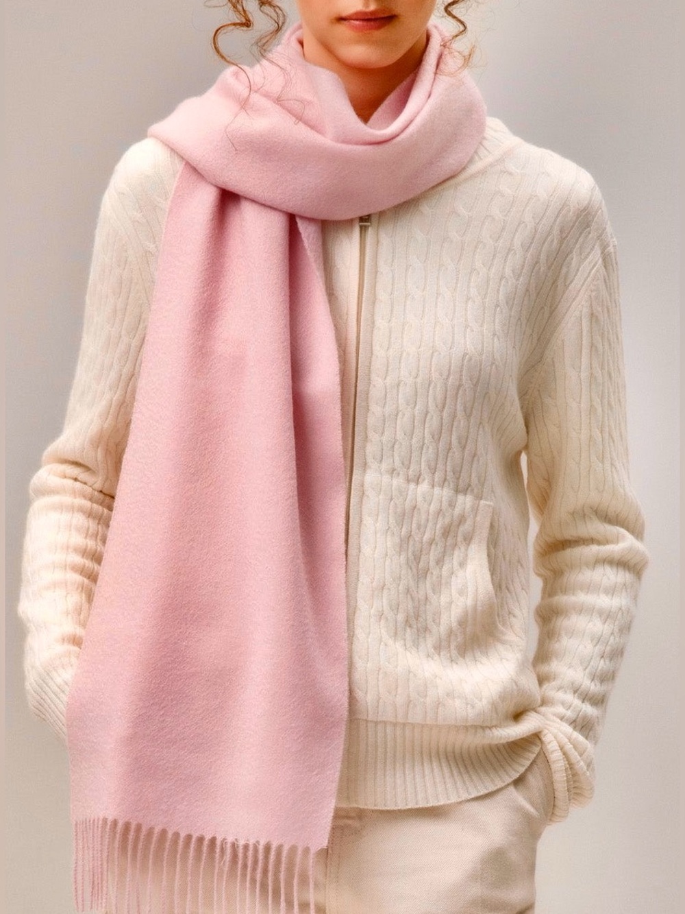 Pure Cashmere Fringed Scarf Muffler Made in England Baby Pink NEW